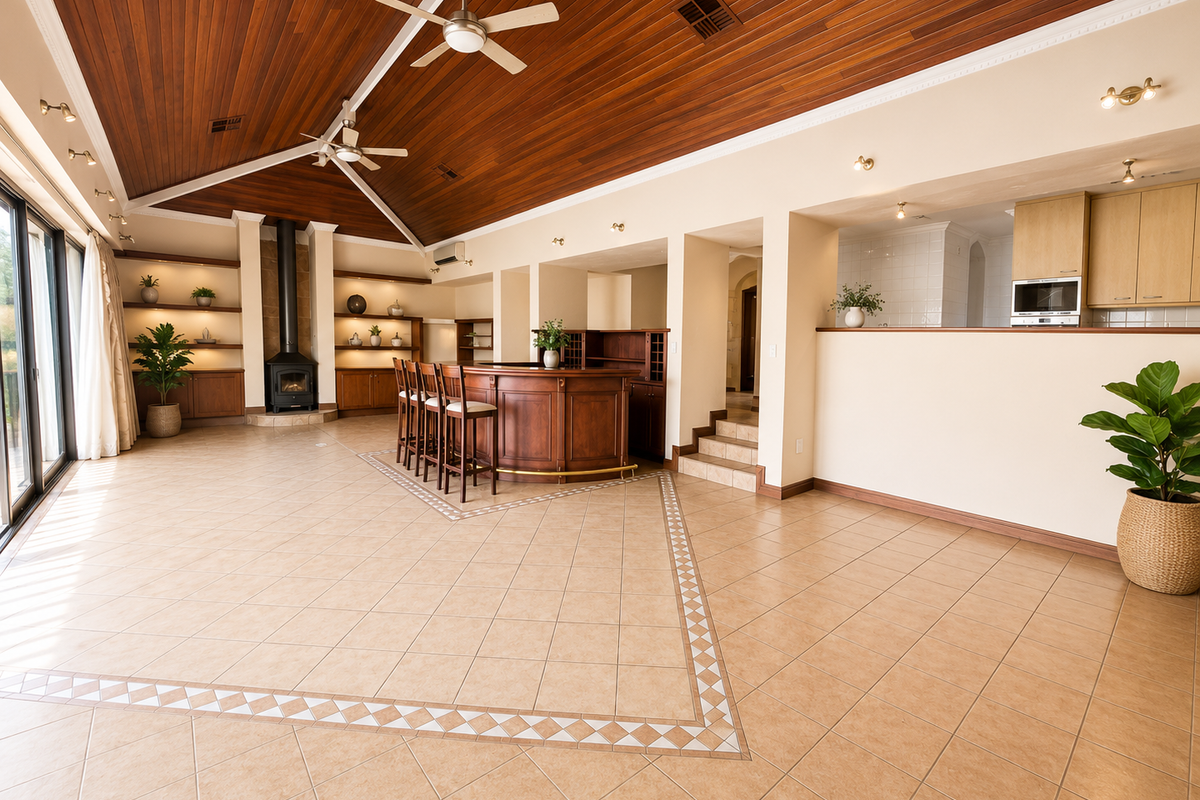 Spacious open-plan living area featuring a timber-lined vaulted ceiling, built-in bar, fireplace, and seamless access to outdoor areas through large sliding glass doors.
