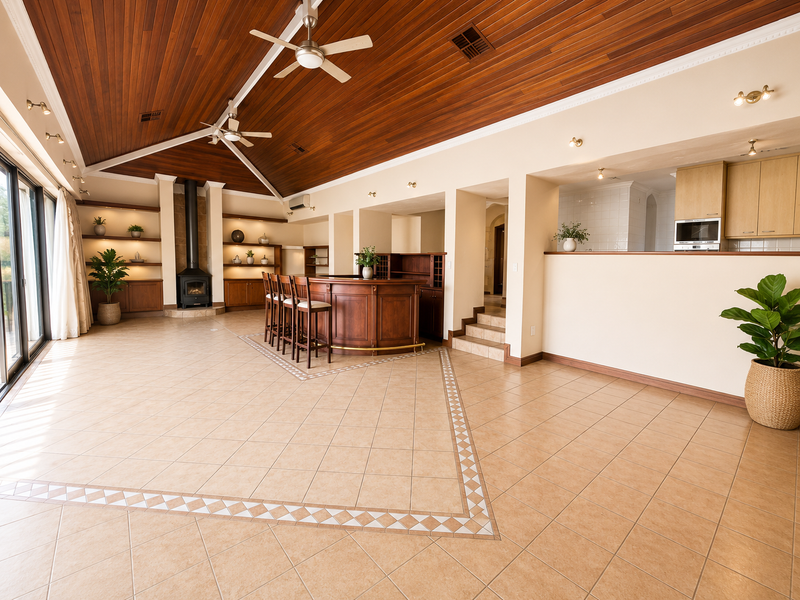 Spacious open-plan living area featuring a timber-lined vaulted ceiling, built-in bar, fireplace, and seamless access to outdoor areas through large sliding glass doors.
