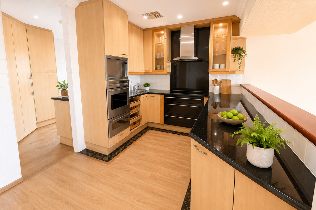 A well-maintained kitchen featuring light timber cabinetry, black granite countertops, integrated appliances, and a functional layout with ample storage space.
