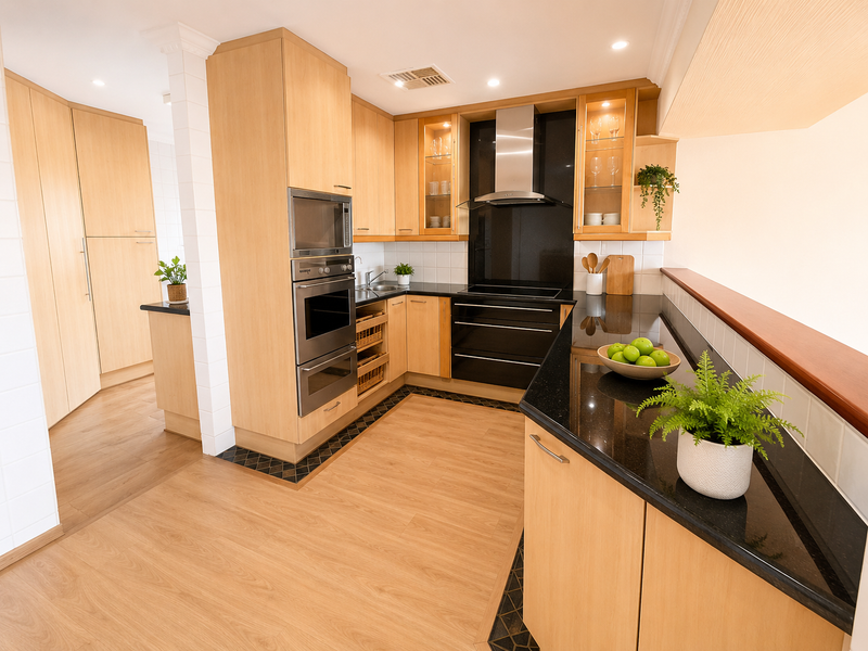 A well-maintained kitchen featuring light timber cabinetry, black granite countertops, integrated appliances, and a functional layout with ample storage space.