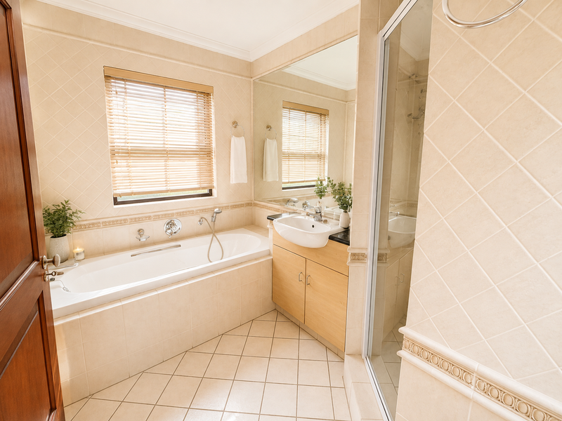 A well-maintained bathroom featuring a built-in bathtub, a vanity cabinet with a basin, a large wall mirror, and a separate shower enclosure.