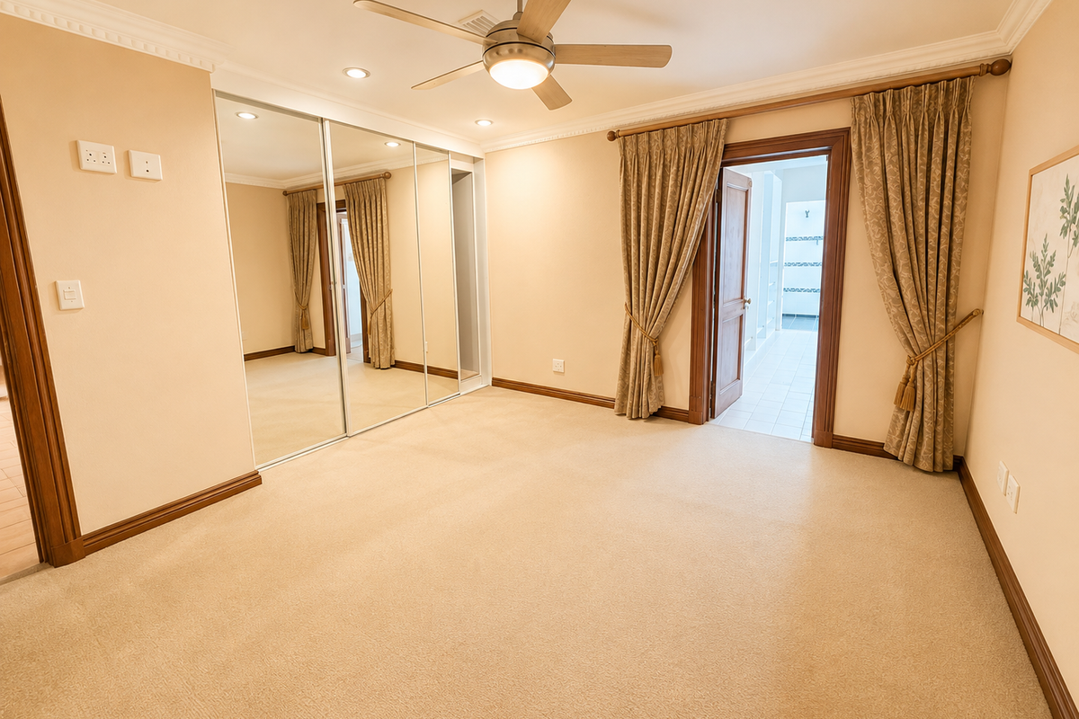 Spacious bedroom featuring neutral carpeting, mirrored built-in wardrobes, recessed lighting, and a ceiling fan, with direct access to an adjoining room.