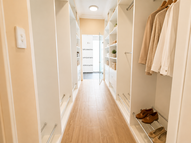 A well-organized walk-in closet featuring extensive built-in white cabinetry, shelving, and hanging rails with modern wood-look tiled flooring.