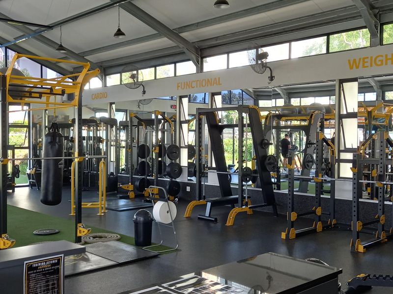 A well-equipped commercial gym featuring exposed steel roof trusses, mirrored walls, and durable rubberized flooring with ample natural light.