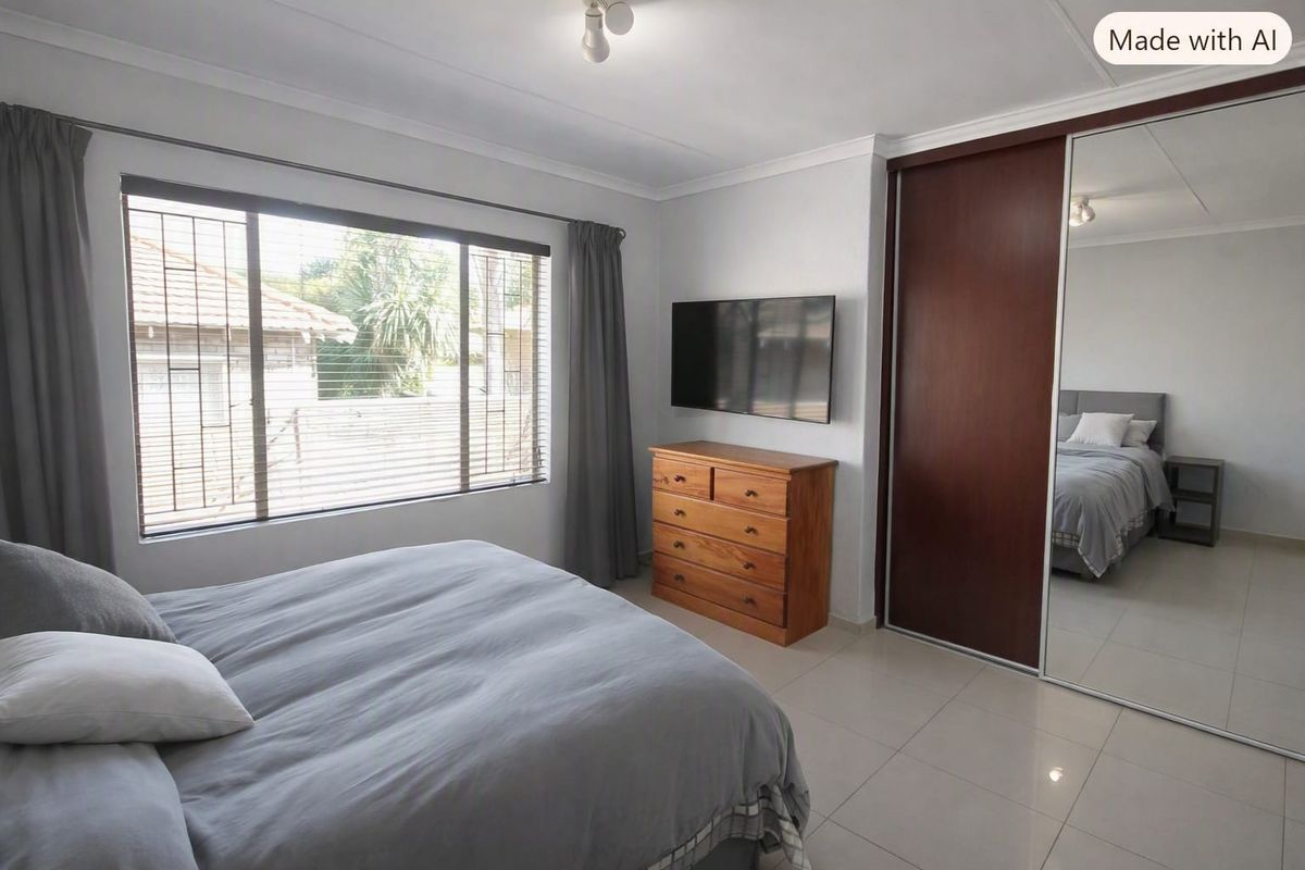A well-maintained bedroom featuring tiled flooring, a large built-in wardrobe with mirrored doors, and security bars on the window.