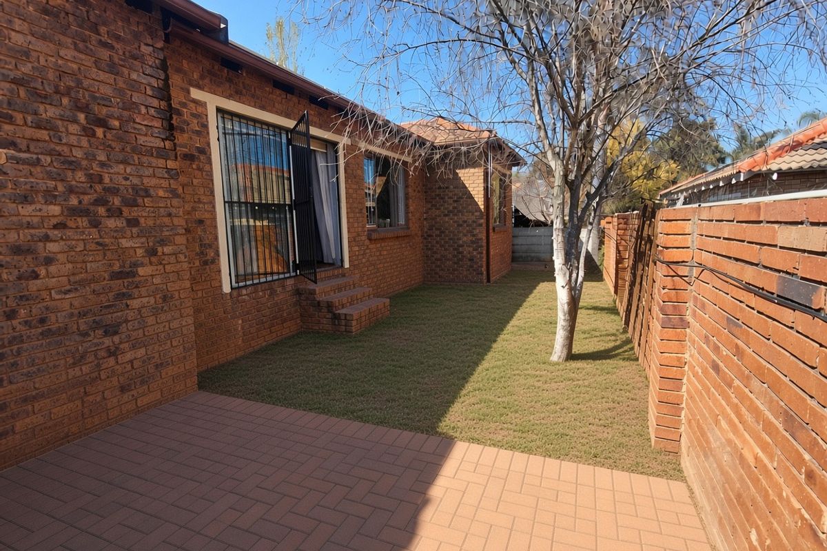A private rear garden featuring a paved patio area, well-maintained lawn, and secure face brick boundary walls.