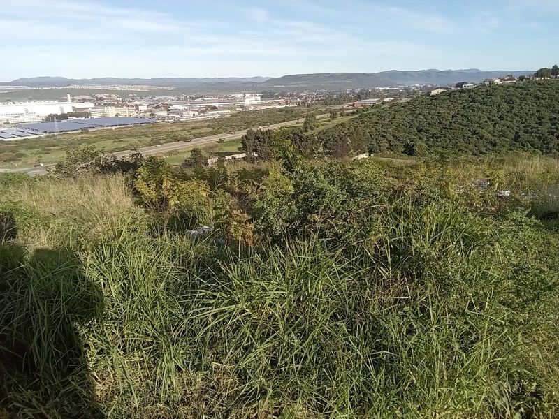 An elevated view overlooking a landscape with natural vegetation, rolling hills, and distant industrial or urban infrastructure.