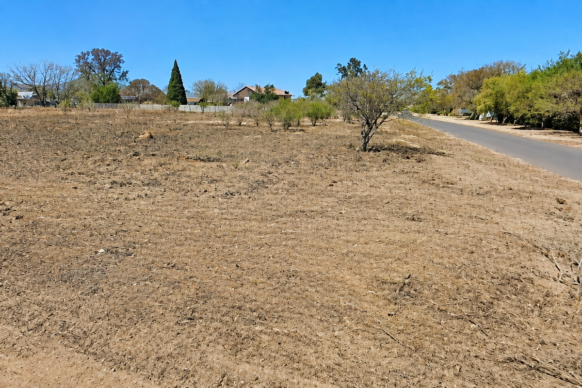 A vacant residential plot of land featuring level terrain and direct access to a paved street in a quiet neighborhood setting.