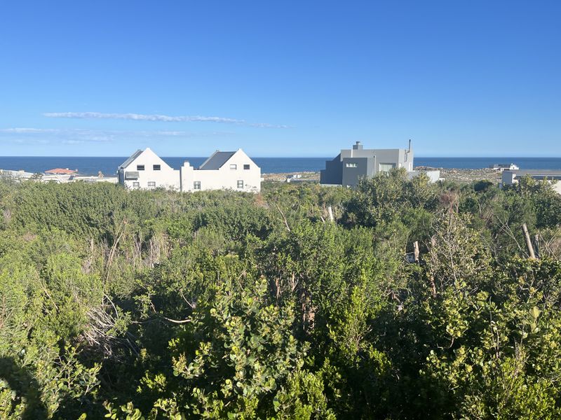 A scenic view overlooking native coastal vegetation with residential properties and the ocean visible in the background.