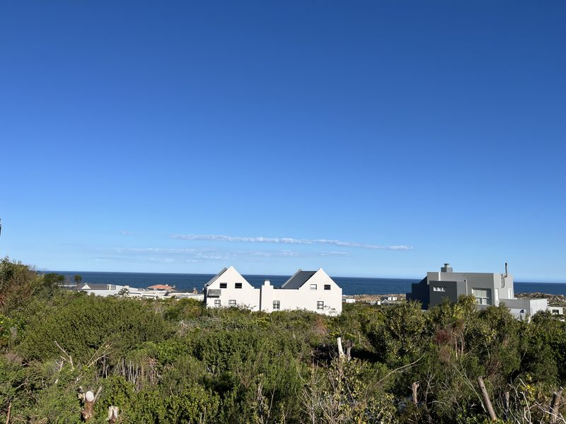 A scenic view overlooking coastal vegetation with a clear ocean horizon and neighboring residential properties in the distance.