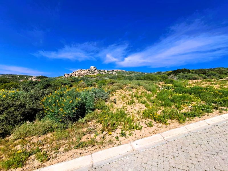 A view of a vacant residential plot featuring natural vegetation, rocky outcrops, and adjacent paved road infrastructure.