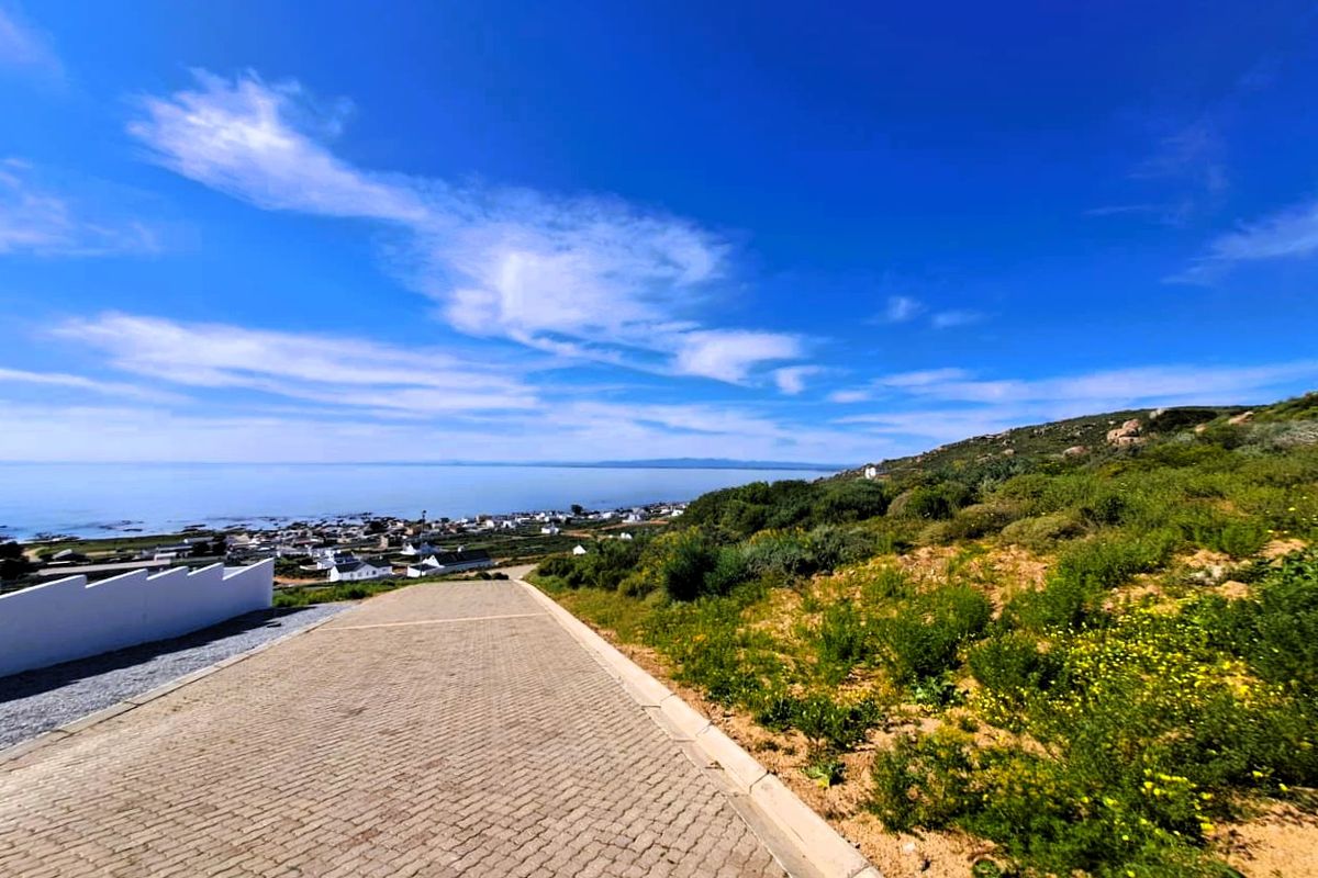 A scenic view overlooking the coastal landscape and residential area, featuring a paved driveway leading down towards the horizon.