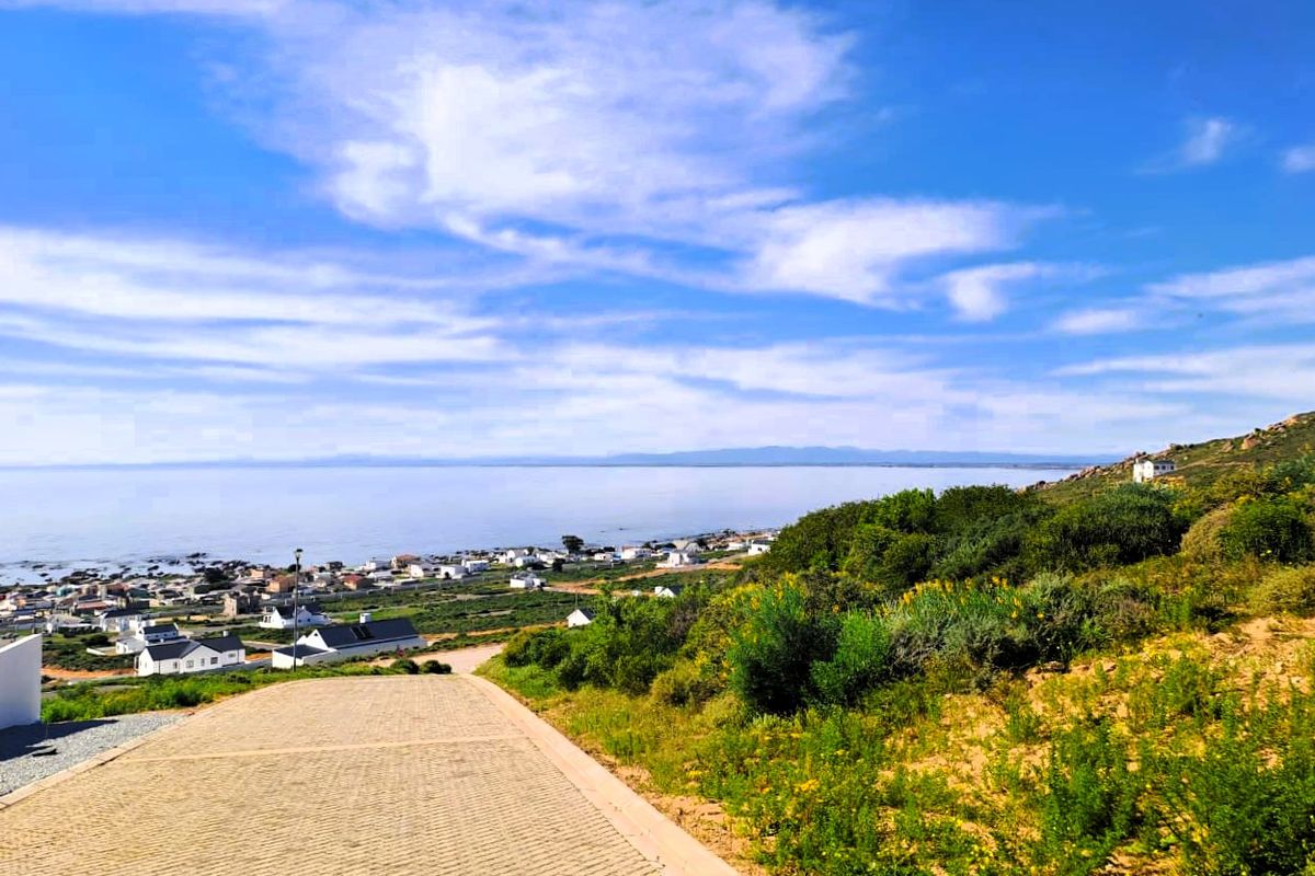 A scenic elevated view overlooking the coastal landscape, residential area, and ocean, featuring a paved driveway in the foreground.