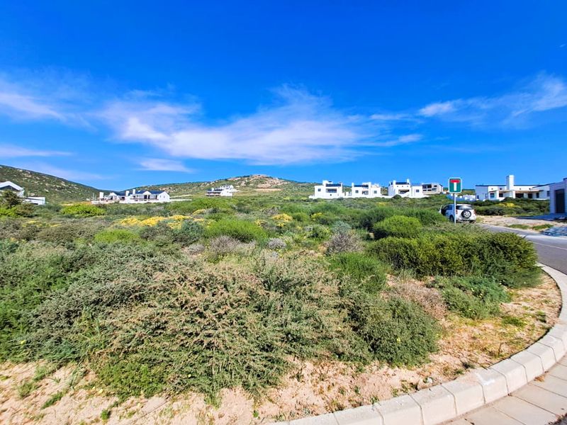 A vacant residential plot featuring natural coastal vegetation, paved curbing, and road access within a developed estate setting.