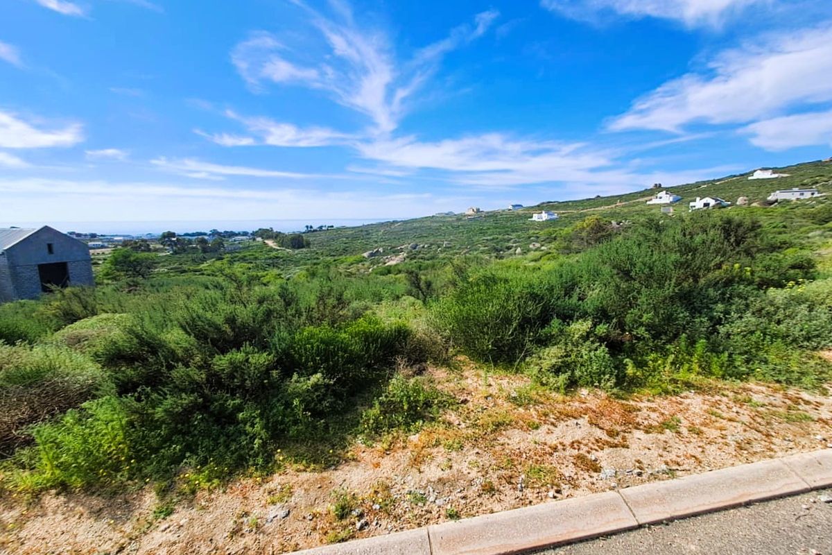 A wide-angle view of a vacant residential plot featuring natural coastal vegetation, rolling terrain, and distant ocean views.