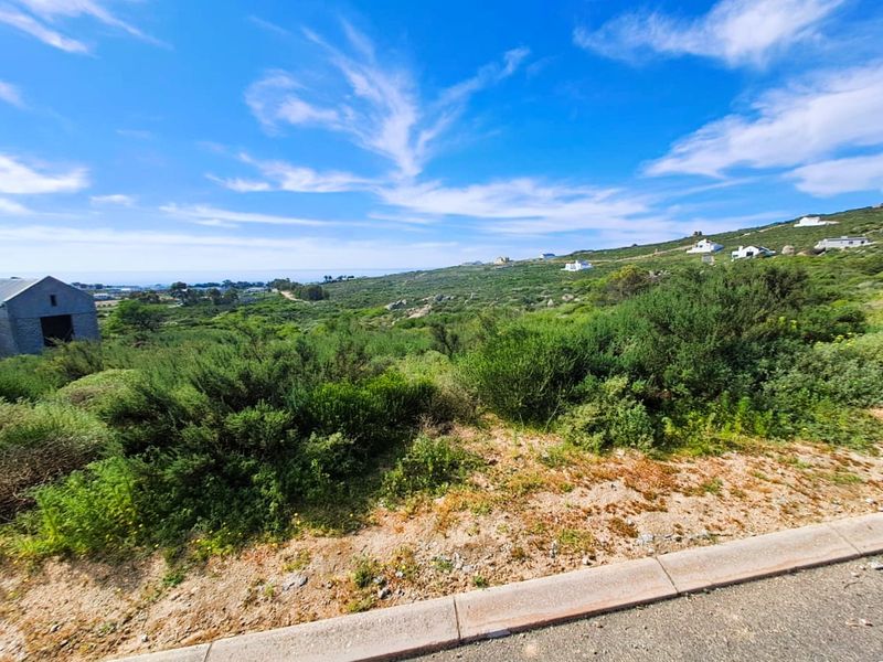 A wide-angle view of a vacant residential plot featuring natural coastal vegetation, rolling terrain, and distant ocean views.