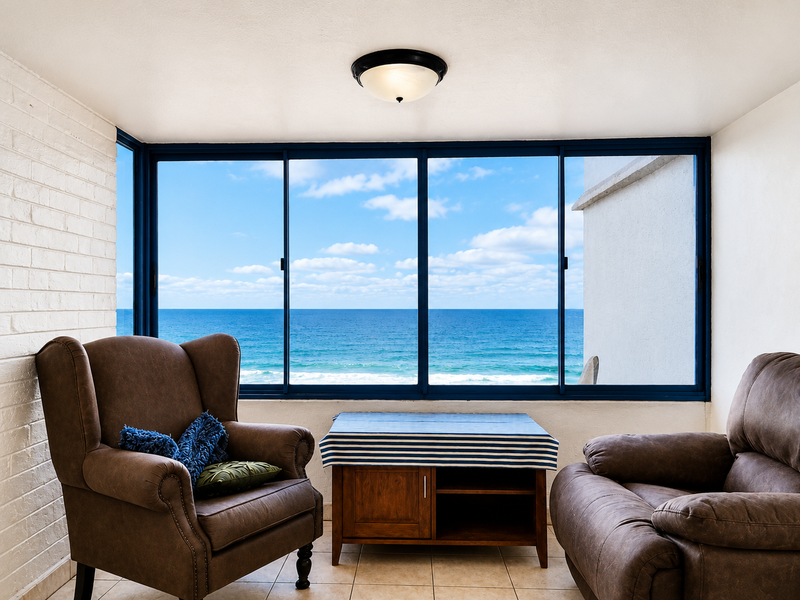 A bright enclosed balcony or sunroom featuring tiled flooring, painted brick accents, and expansive windows offering direct, unobstructed ocean views.