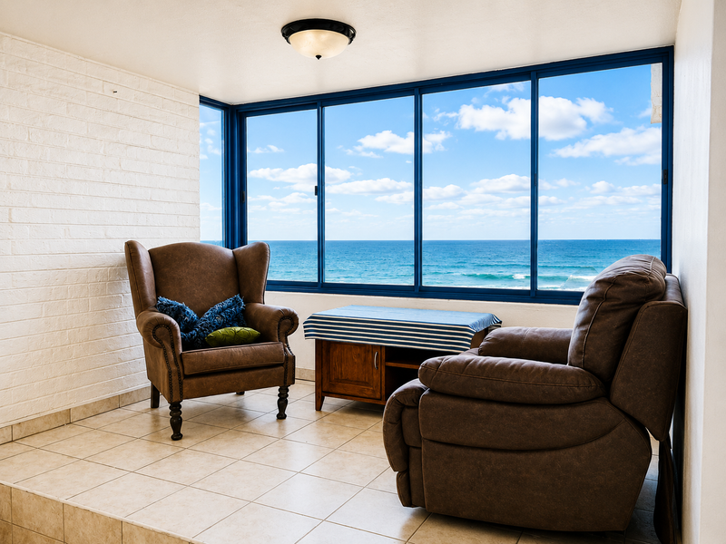 A bright, enclosed balcony featuring tiled floors, a painted brick wall, and expansive windows offering panoramic ocean views.