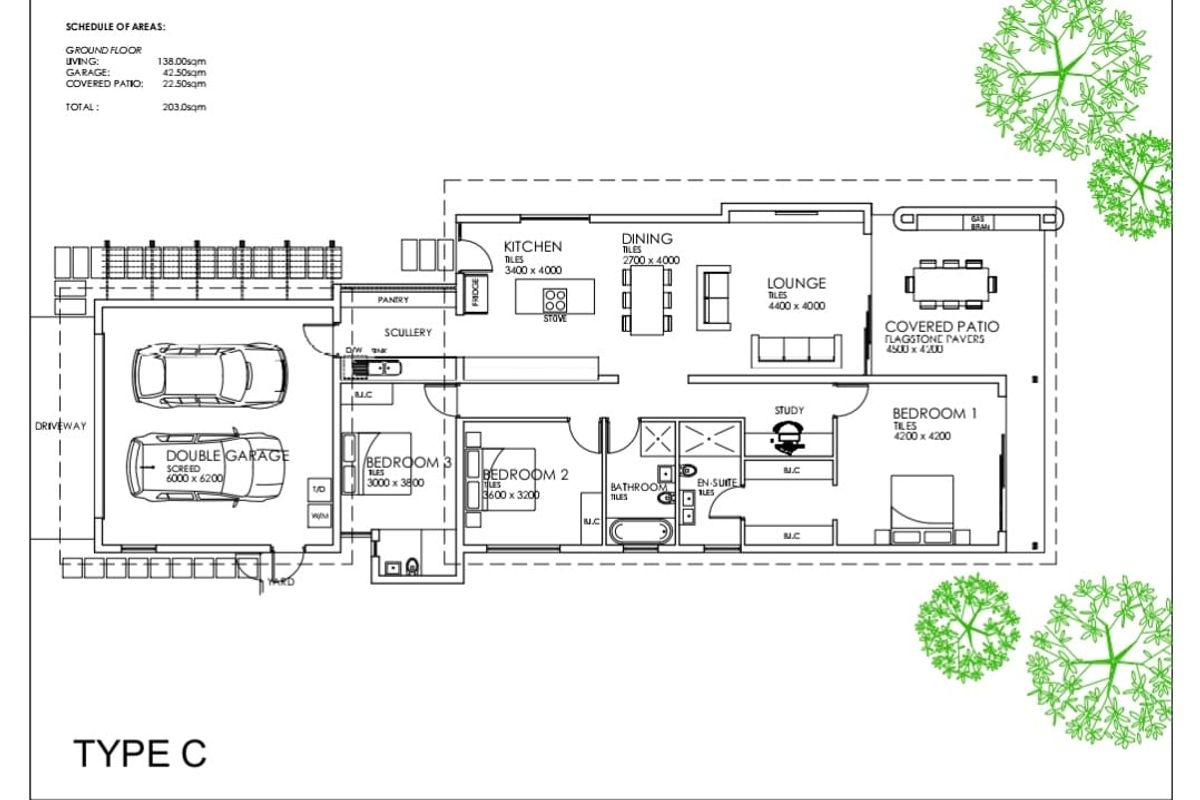 Architectural floor plan for a Type C cluster unit featuring three bedrooms, open-plan living areas, a double garage, and a covered patio.