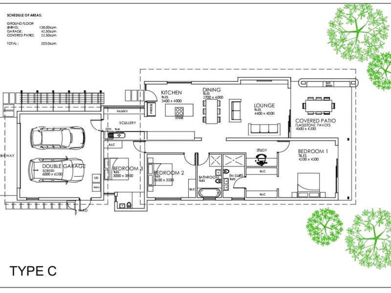 Architectural floor plan for a Type C cluster unit featuring three bedrooms, open-plan living areas, a double garage, and a covered patio.