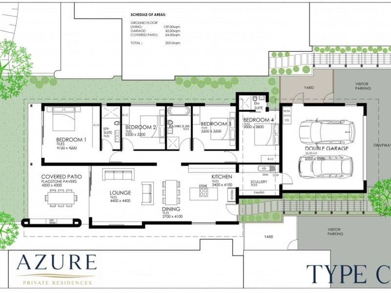 Architectural floor plan for a Type C residence, featuring four bedrooms, open-plan living areas, a double garage, and a covered patio.