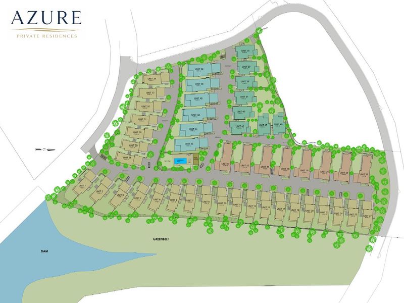 A comprehensive site development plan for Azure Private Residences, illustrating the layout of individual units, road access, greenbelts, and communal pool facilities.