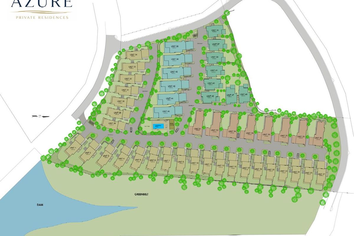A comprehensive site development plan for Azure Private Residences, illustrating the layout of individual units, road access, greenbelts, and communal pool facilities.