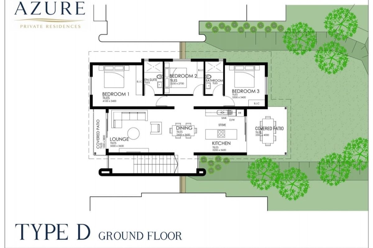 Architectural floor plan for a Type D ground floor residence featuring three bedrooms, two bathrooms, open-plan living areas, and two covered patios.