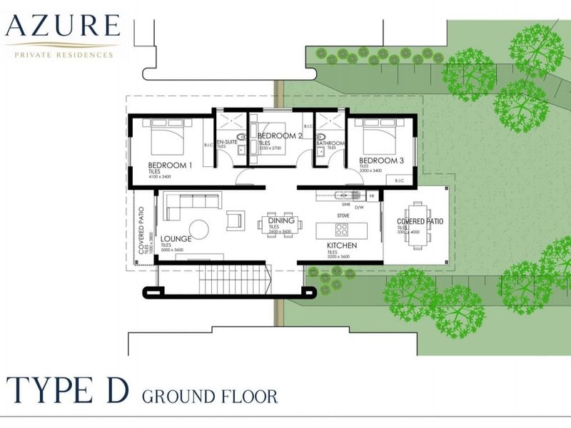 Architectural floor plan for a Type D ground floor residence featuring three bedrooms, two bathrooms, open-plan living areas, and two covered patios.