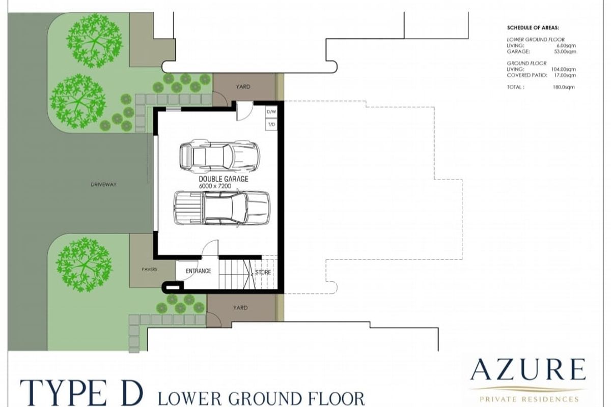 Architectural floor plan for the lower ground floor of a Type D residence, featuring a double garage, entrance, and storage area.