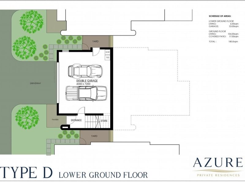 Architectural floor plan for the lower ground floor of a Type D residence, featuring a double garage, entrance, and storage area.