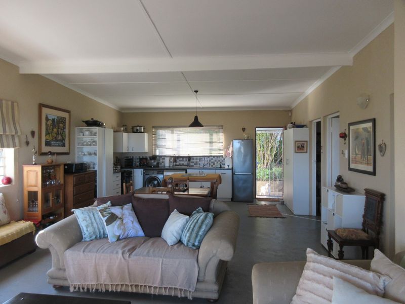 Open-plan living and kitchen area featuring concrete flooring, neutral walls, and functional kitchen cabinetry with direct access to the rear exterior.