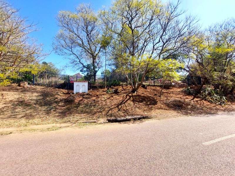 Street view of a vacant residential plot featuring perimeter fencing, mature trees, and a small utility structure on a sloped embankment.