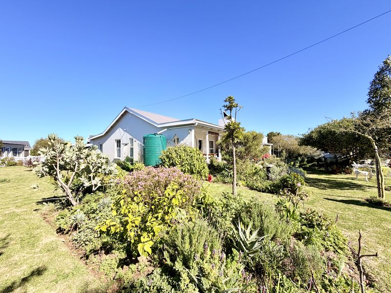 A well-maintained rear exterior view of the house featuring a landscaped garden, a water tank, and a covered patio area.