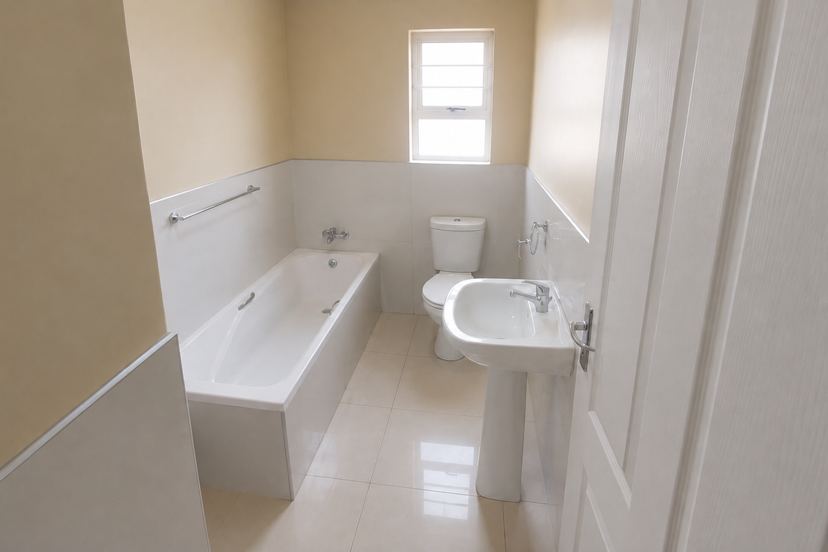 A clean, functional bathroom featuring a white bathtub, pedestal basin, and toilet with neutral wall tones and tiled flooring.
