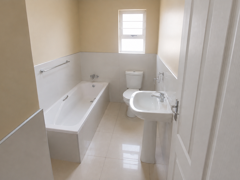 A clean, functional bathroom featuring a white bathtub, pedestal basin, and toilet with neutral wall tones and tiled flooring.