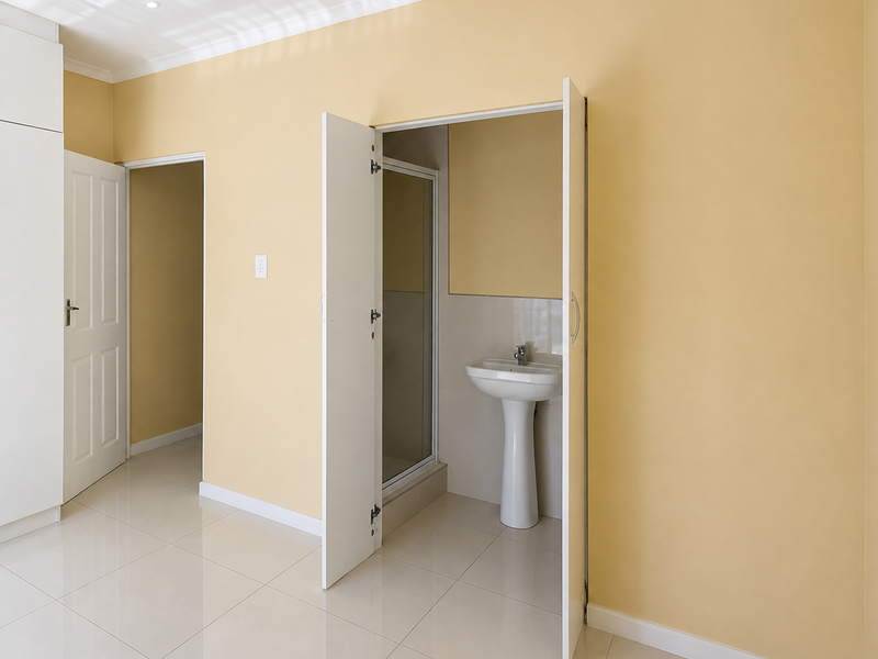 A clean, empty bedroom featuring tiled flooring, built-in wardrobe storage, and an en-suite bathroom area with a pedestal basin and shower enclosure.