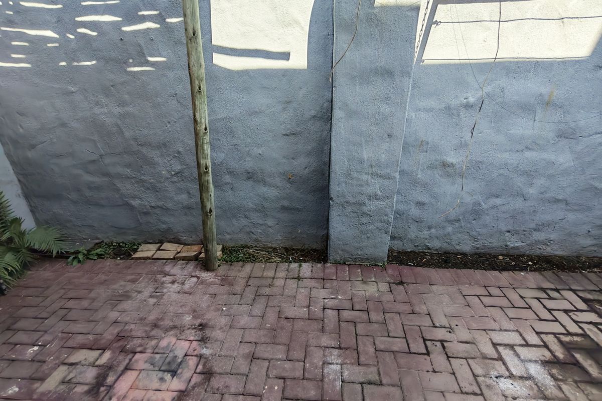 A small paved rear courtyard area featuring a boundary wall and a fixed washing line, requiring some maintenance and surface cleaning.