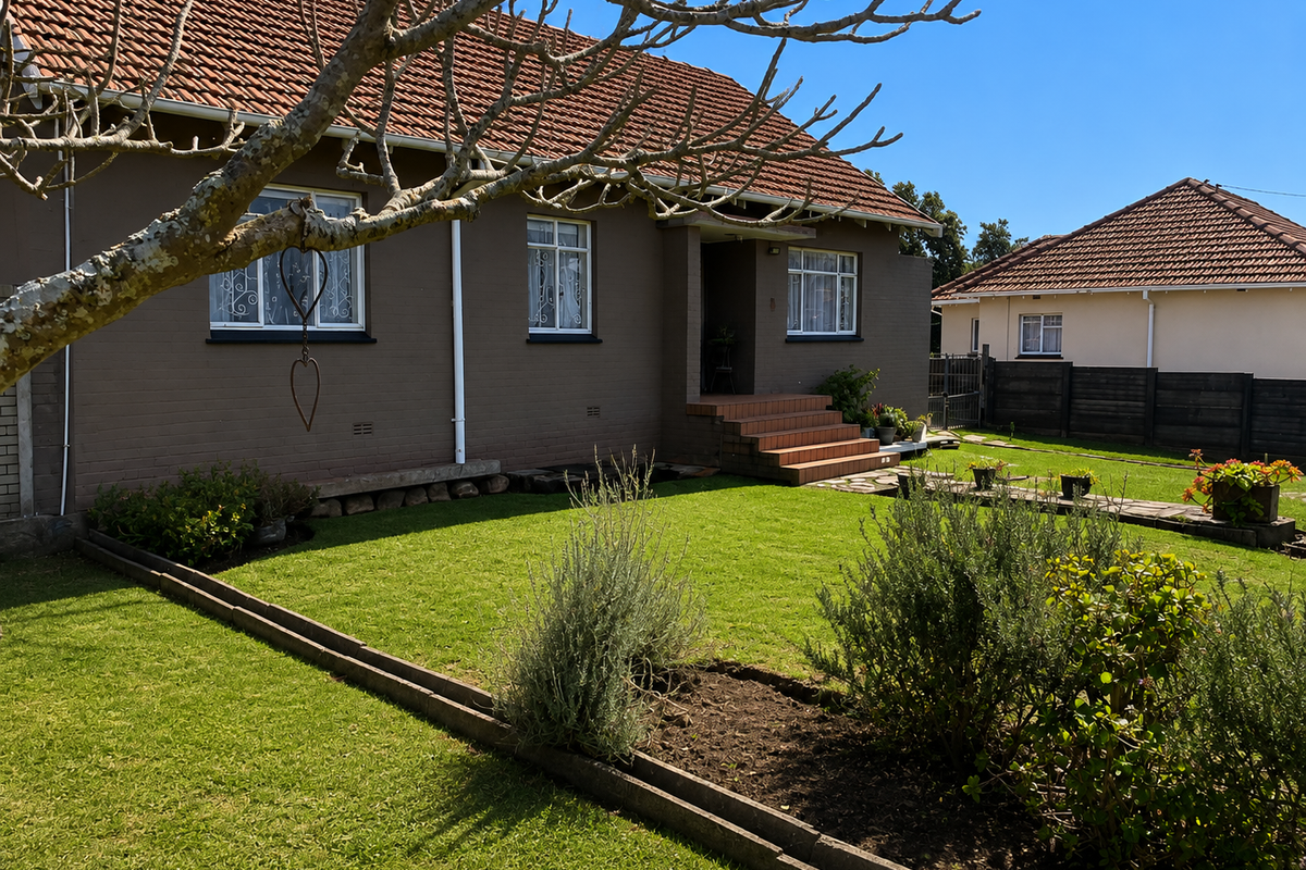 A well-maintained front exterior of a brick house featuring a tiled roof, security-barred windows, and a neat, landscaped garden with concrete steps.