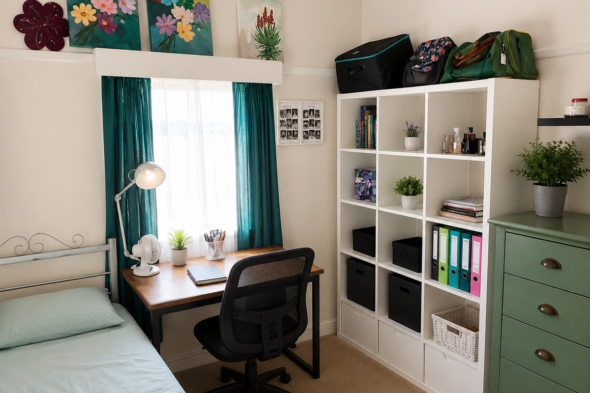A cozy bedroom featuring a window with a picture rail, neutral wall tones, and carpeted flooring.