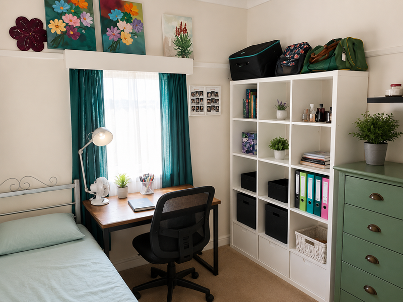 A cozy bedroom featuring a window with a picture rail, neutral wall tones, and carpeted flooring.