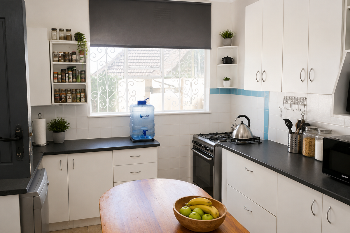 A functional kitchen featuring white cabinetry, dark countertops, a gas stove, and a tiled backsplash, providing a clean and practical workspace.