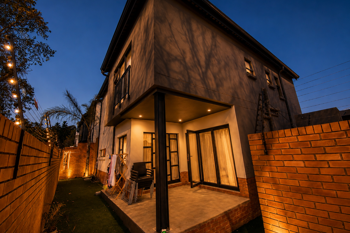 A modern townhouse rear elevation featuring a covered patio, brick boundary walls with electric fencing, and integrated outdoor lighting at dusk.