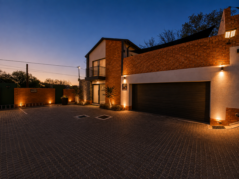Modern townhouse exterior at dusk featuring a brick facade, double garage, and balcony, illuminated by integrated wall lighting.