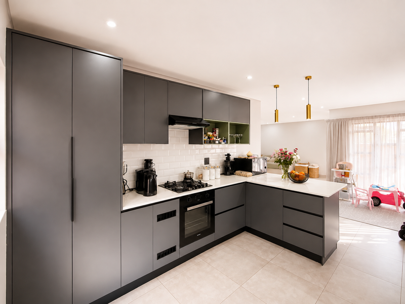 Modern open-plan kitchen featuring sleek grey cabinetry, stone countertops, subway tile backsplash, and integrated appliances, flowing into a bright living area.