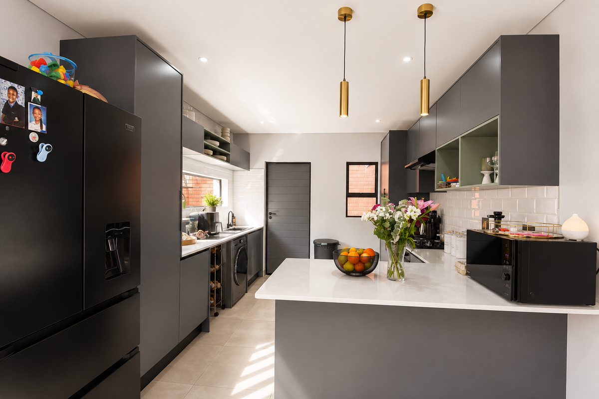 Modern kitchen featuring dark grey cabinetry, white quartz countertops, subway tile backsplash, and contemporary pendant lighting in a clean, well-maintained space.