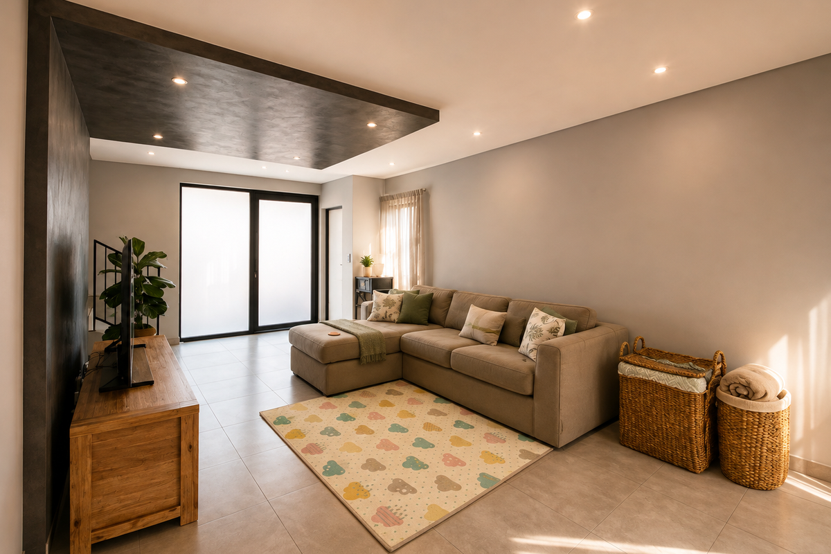 A modern living room featuring tiled flooring, a striking dark feature ceiling bulkhead with recessed lighting, and a large sliding glass door.