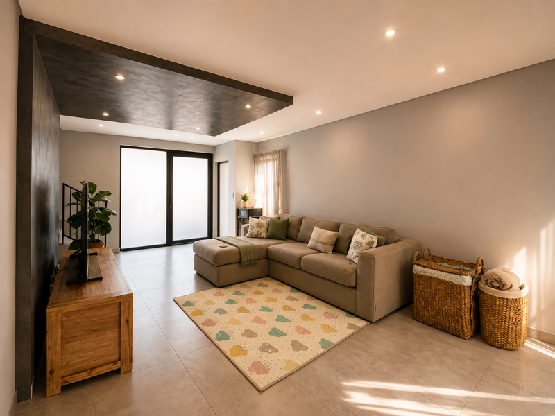 A modern living room featuring tiled flooring, a striking dark feature ceiling bulkhead with recessed lighting, and a large sliding glass door.