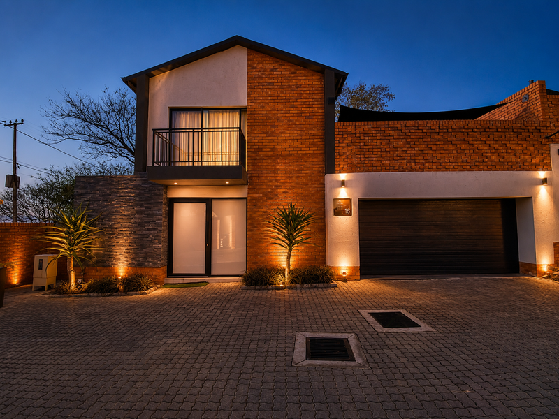 Modern townhouse exterior featuring a combination of brick and stone cladding, a paved driveway, integrated garage, and a private balcony at dusk.