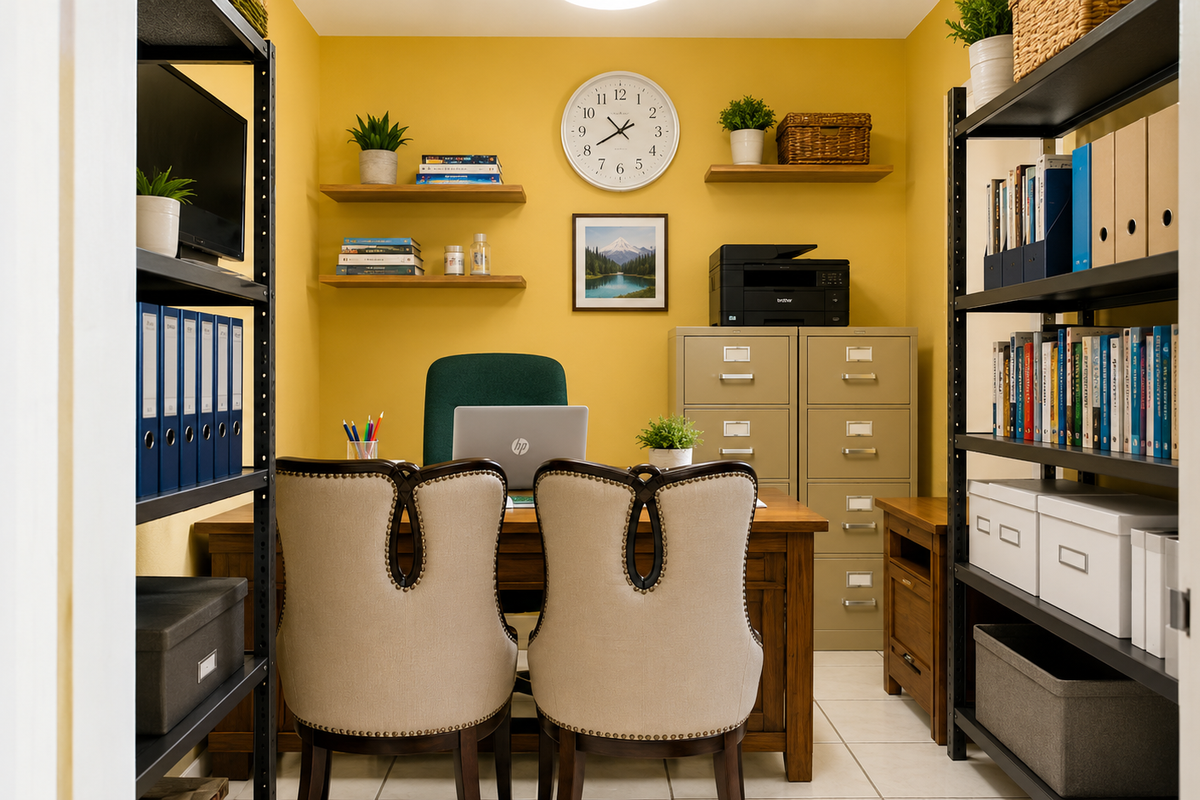 A well-organized home office featuring yellow walls, floating wooden shelves, and tiled flooring, providing a functional and bright workspace.